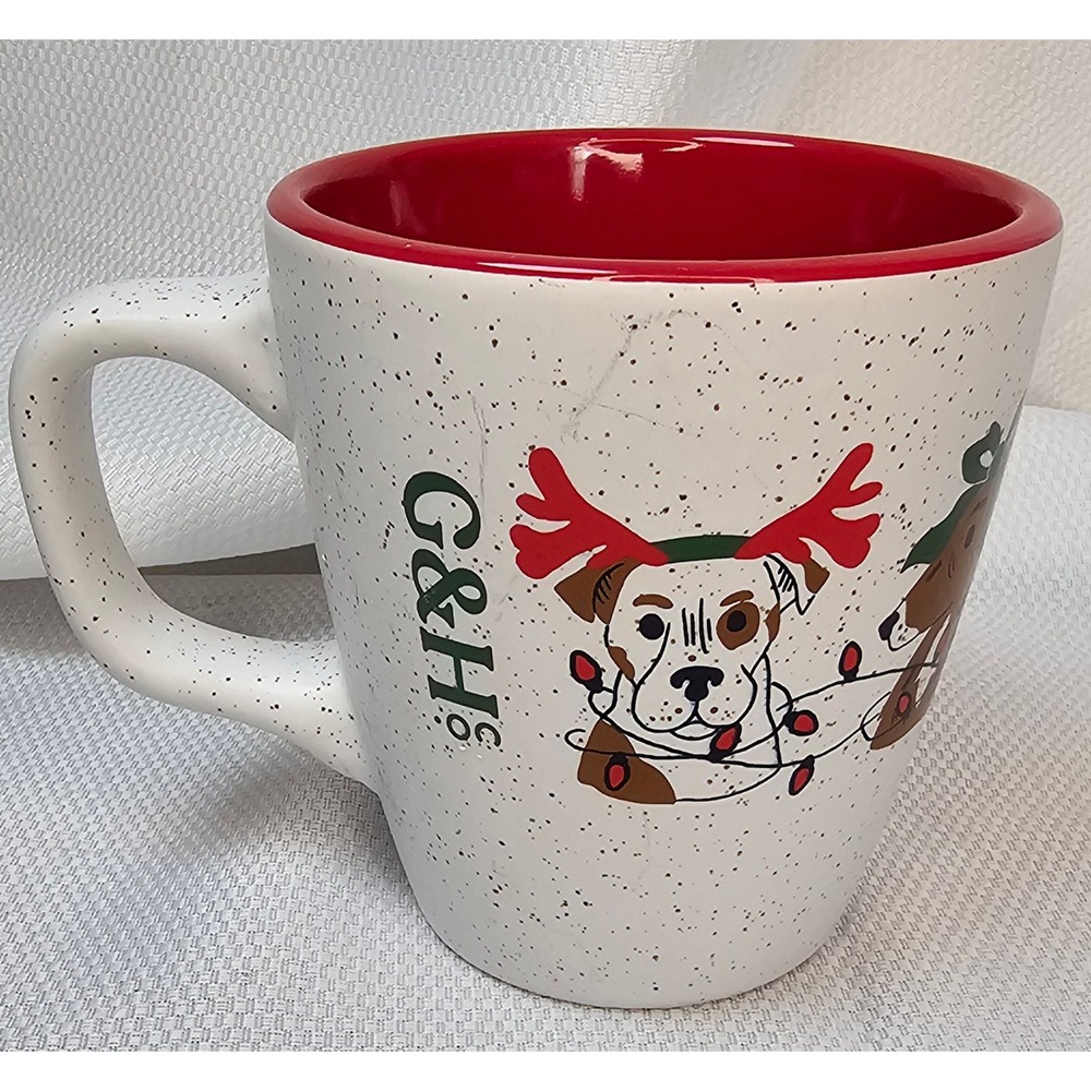 G&H Co‎ Christmas Dogs Coffee Mug White Speckled Red Interior Holiday 4.5in